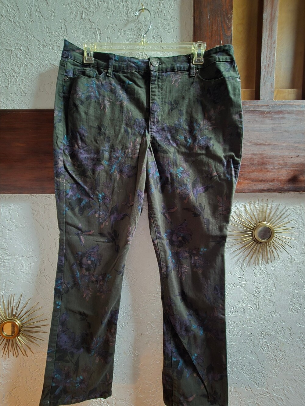 Bandolino Olive Green Straight Leg Pants with Purple Floral Print - Picture 1 of 2